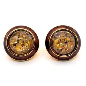 JOAN RIVERS GOLD BROWN ENAMEL CLIP ON EARRINGS DOME‎ SIGNED VINTAGE